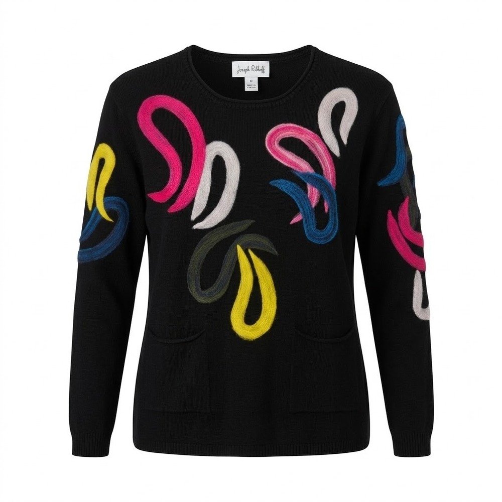 Joseph Ribkoff Women's MEDIUM Black Abstract‎ Swirl Knit Sweater Pockets